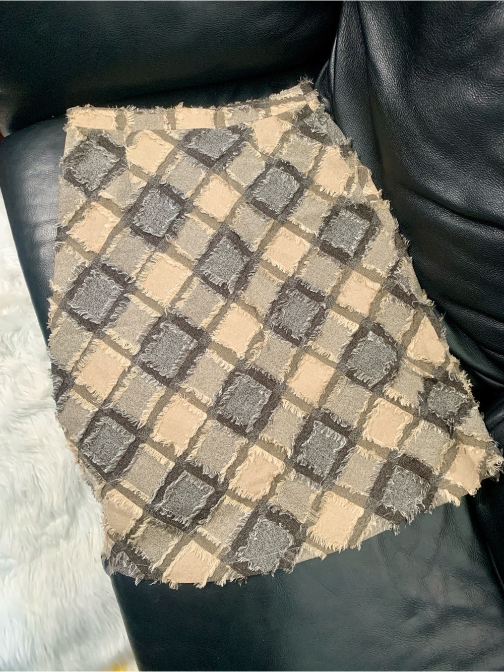 Woven Diamond-Check Mini Skirt in Beige and Gray